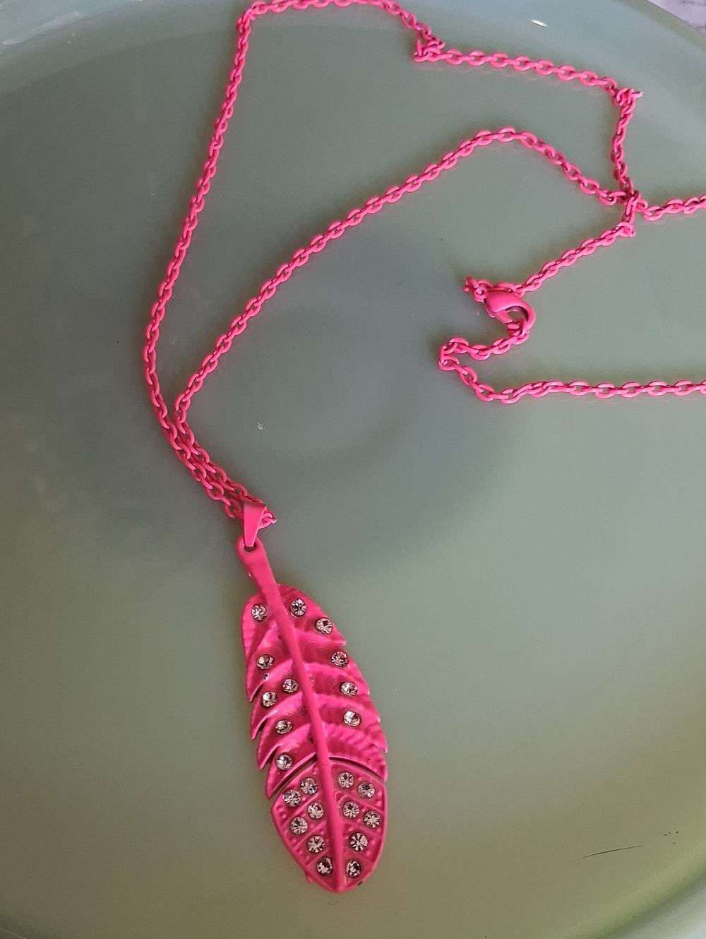 Hot Pink Metal Feather and Rhinestone Necklace